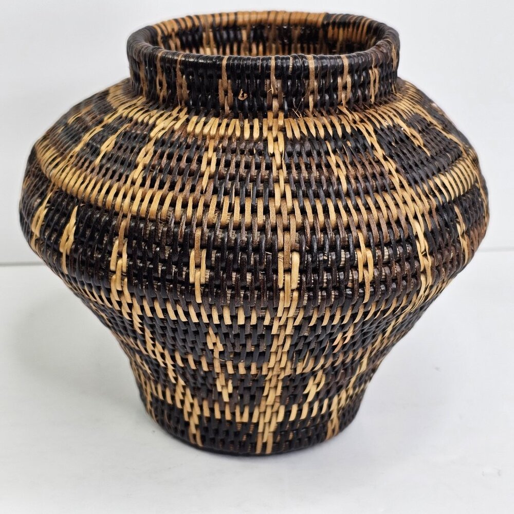 Handwoven Wicker Basket Vase Tribal Geometric Black Tan Decorative Pot 6"